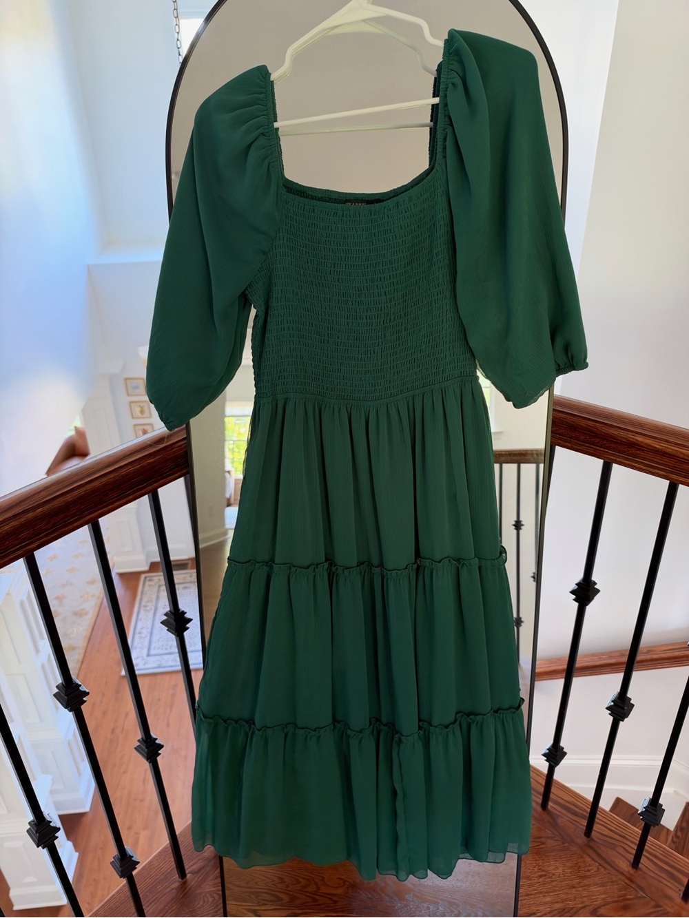 Mikarose Emerald Green Puff Sleeve Tiered Midi Dress